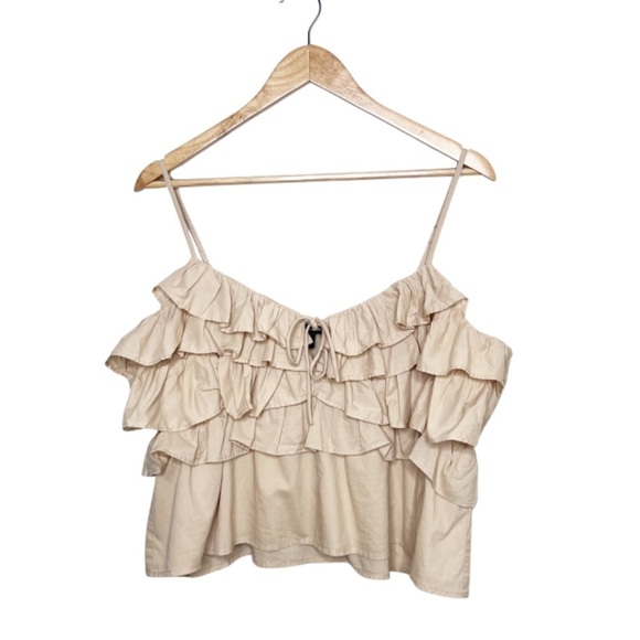 Express Tan Ruffle Chest Spaghetti Strap Feminine Crop Top Tank - Picture 7 of 15